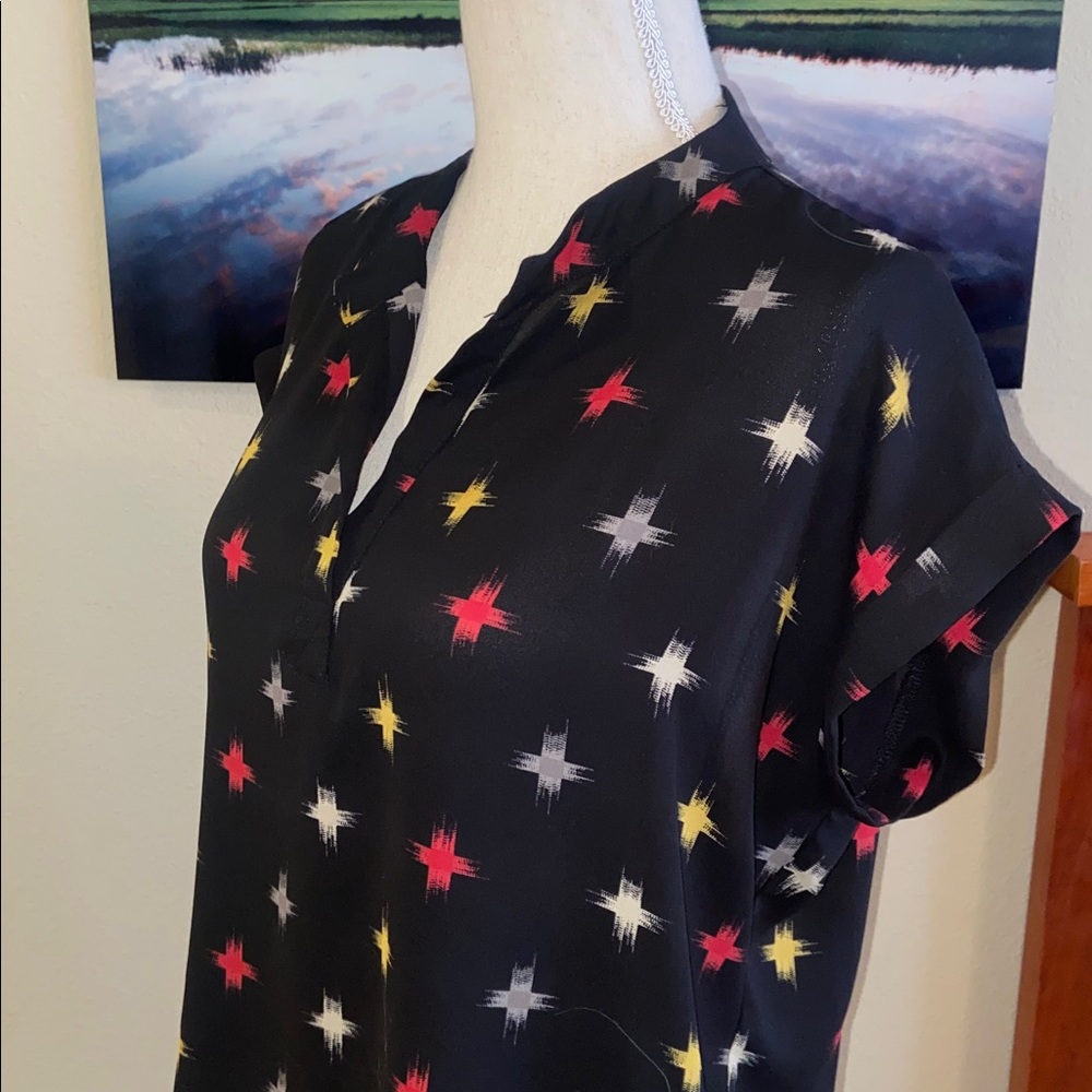 Navy Blue Pleione Blouse with Colorful Southwestern Star Pattern & Short Sleeves